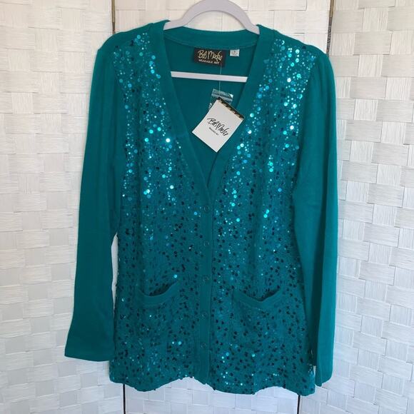 Bob Mackie Womens Wearable Art Sequin Aqua Blue Button Up Cardigan Size Small - Picture 11 of 16
